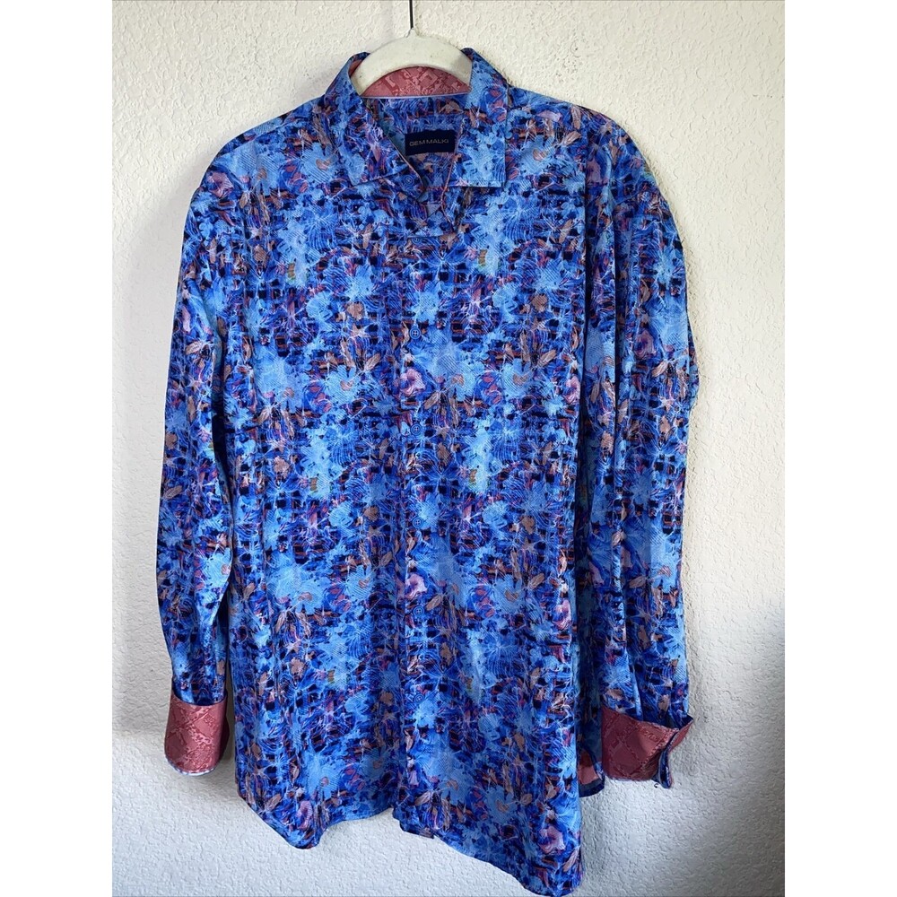 Gem Malki shirt Men Floral Geometric Art Flip Cuff Long Sleeve L Retro club sexy